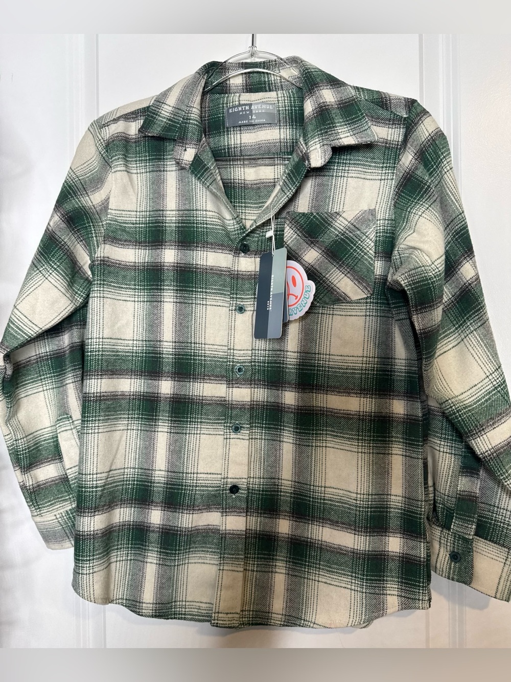 Eight Avenue Green Plaid Button-Up long sleeve Shirt size 14 cotton blend boxy - Picture 1 of 6